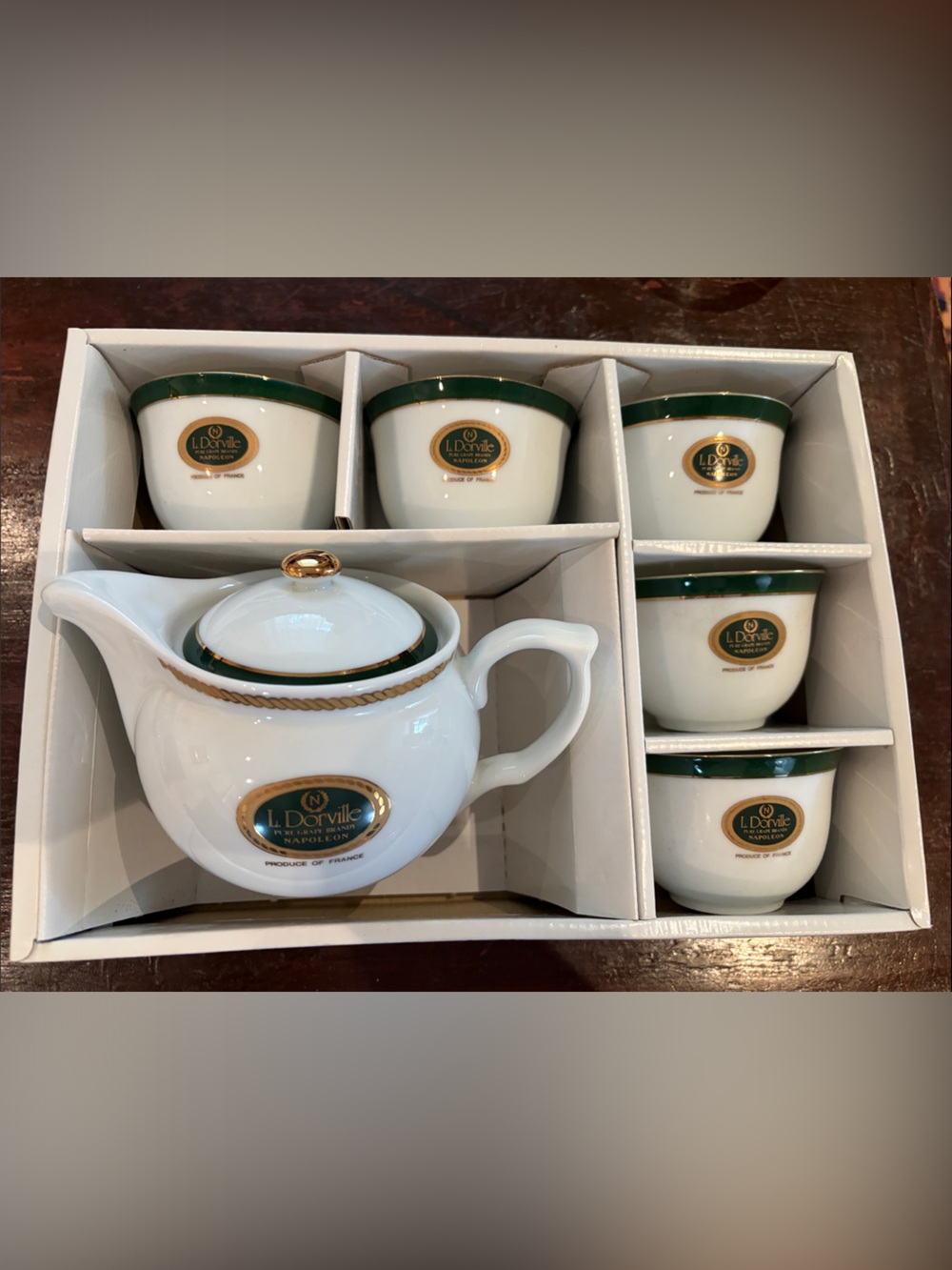 White and Green Porcelain Teapot Set with Cups - New in Box